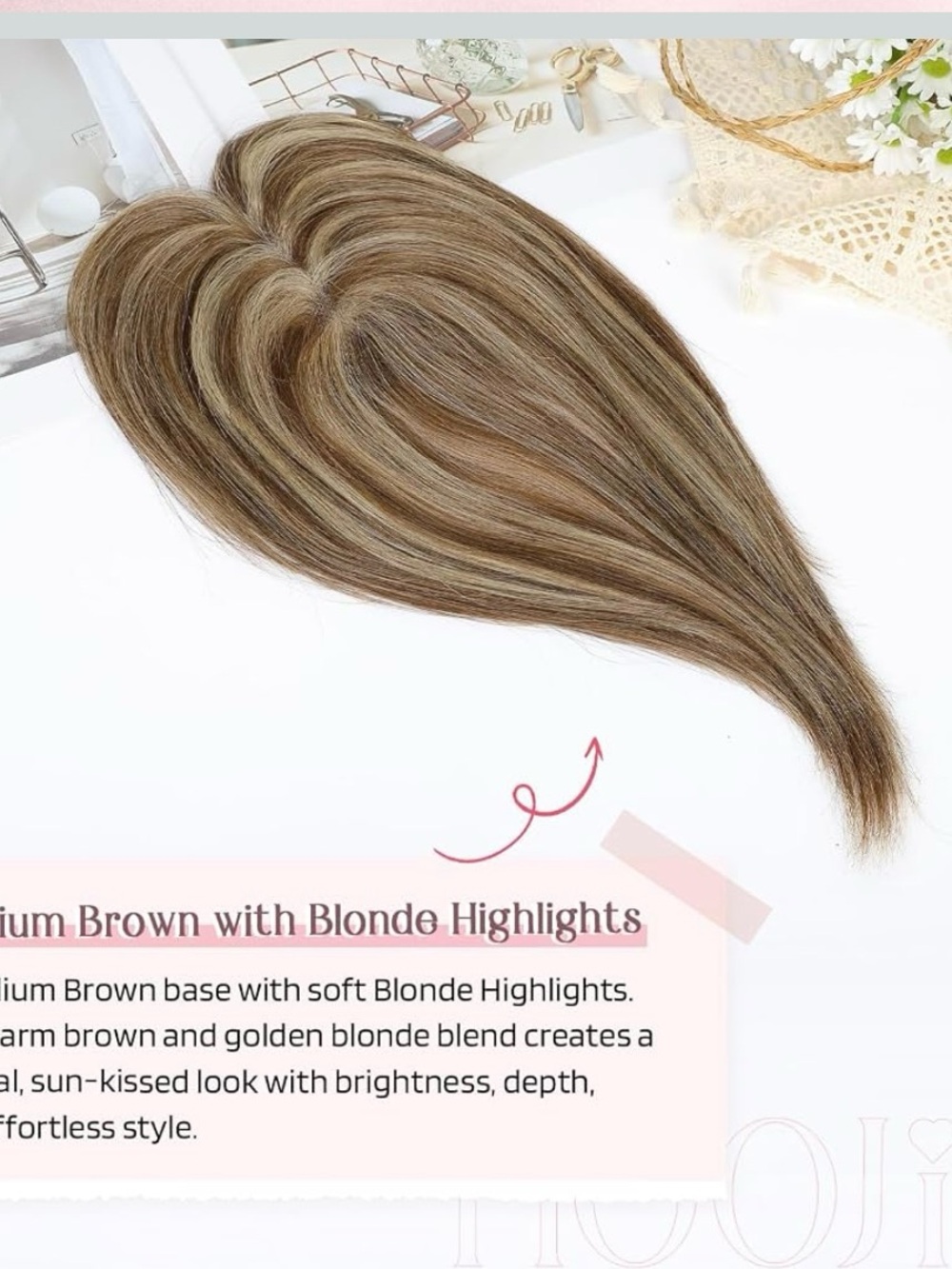 Hair Topper With 4 X 2.5” Base Hair Invisible Lace Front Med Brown W/Blonde - Picture 6 of 9